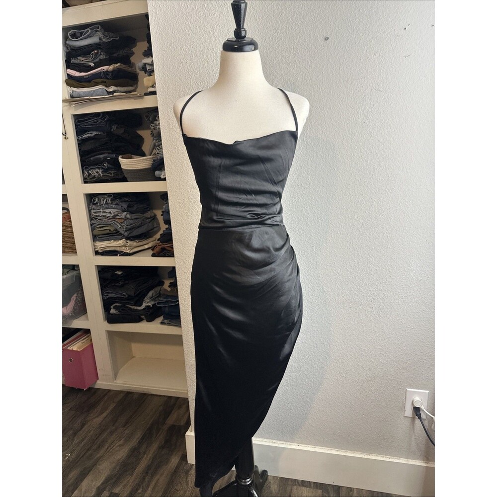 Club L London Black Satin Sleeveless Backless Cowl Neck Midi Dress
